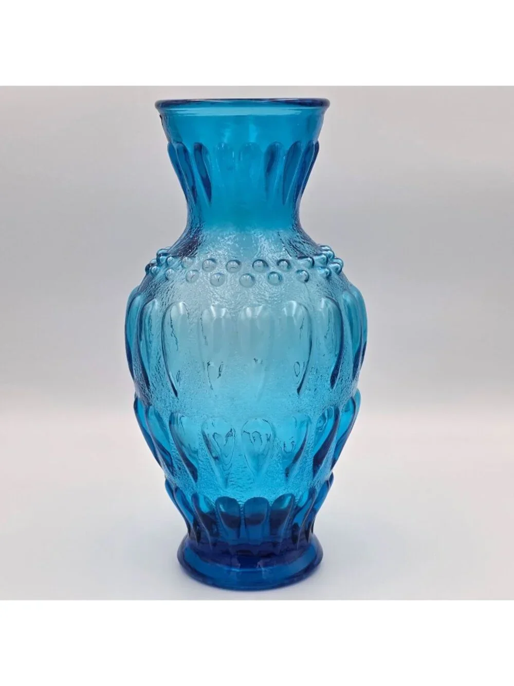 VTG Blue Glass Vase Embossed Teardrops & Bubble Design Decorative Accent 10.75